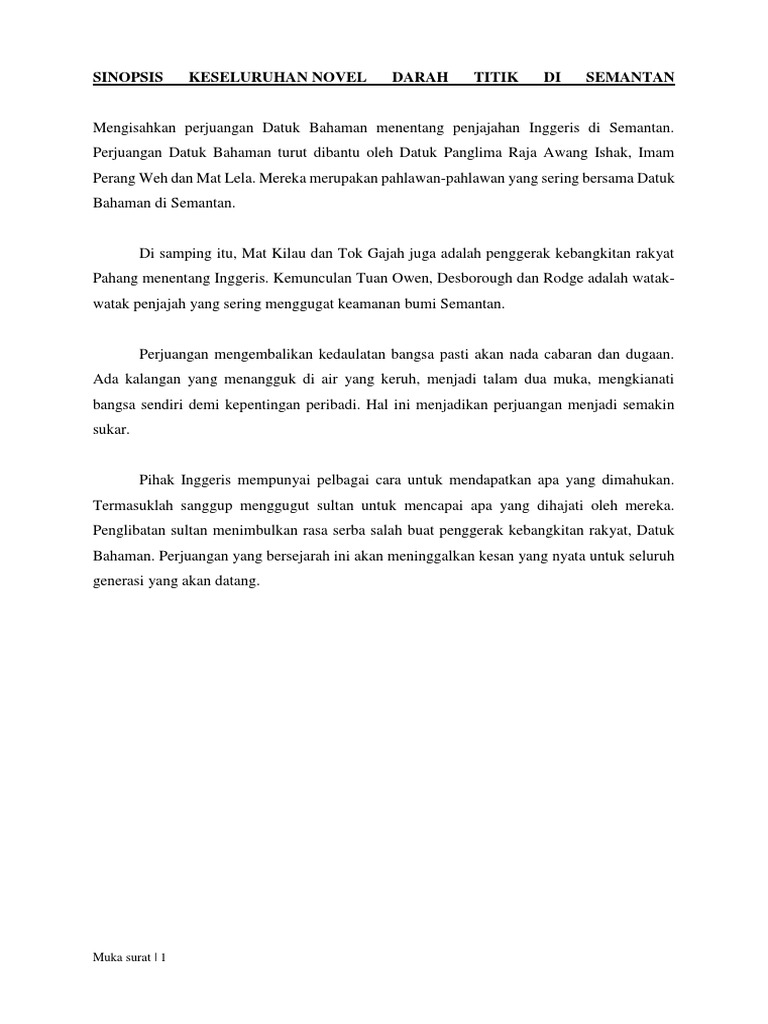 Sinopsis Novel Darah Titik Di Semantan