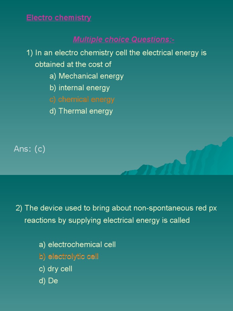 Electro Chemistry Multiple Choice Questions PDF Electrochemistry