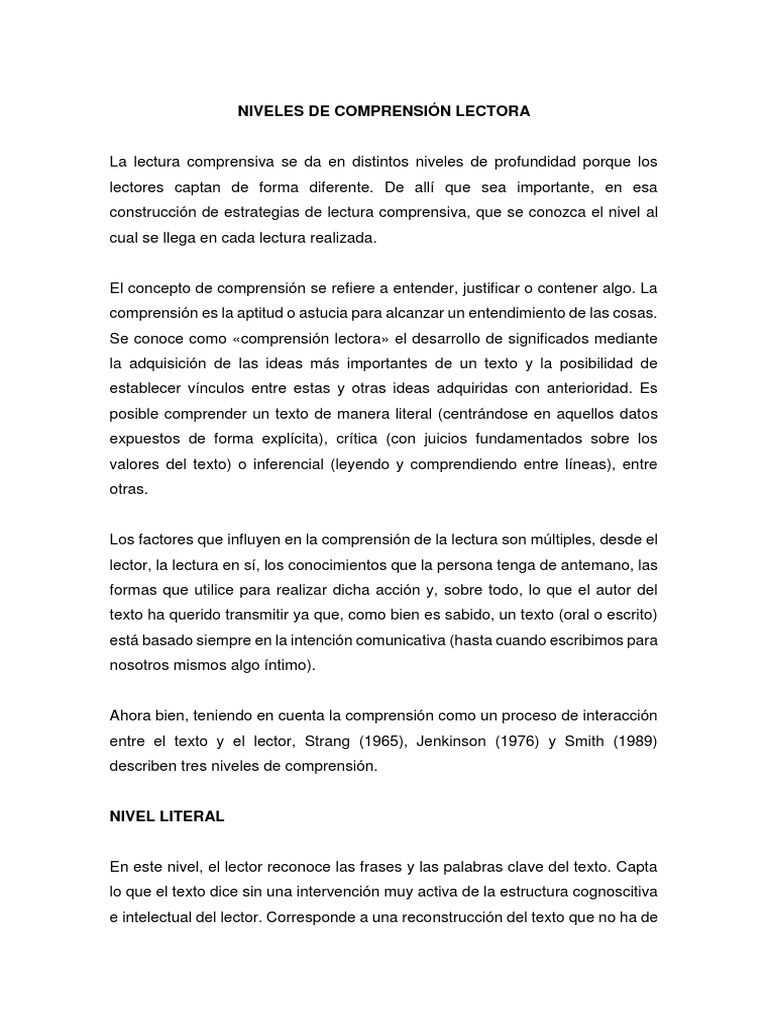 Niveles de Comprensión Lectora | PDF | Comprensión lectora | Lectura ...