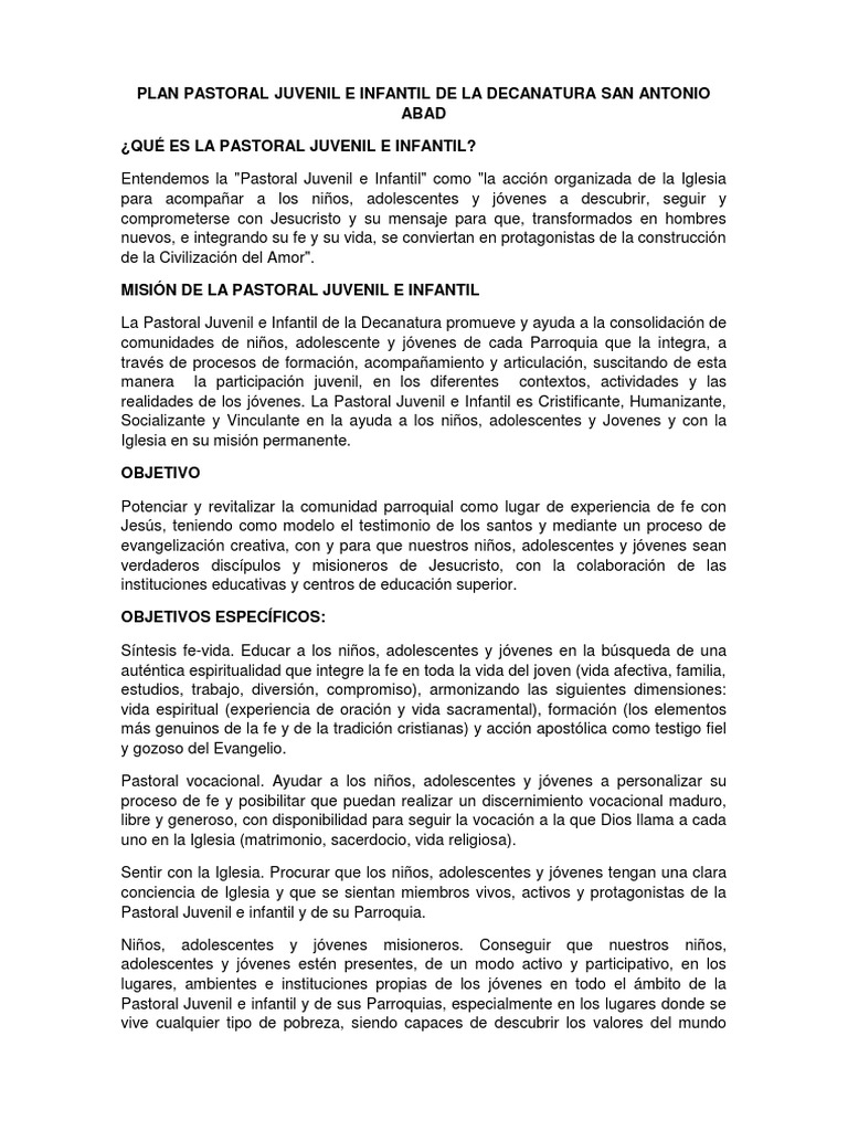 Plan Pastoral Juvenil e Infantil 2022 | PDF | Juventud | Iglesia Católica