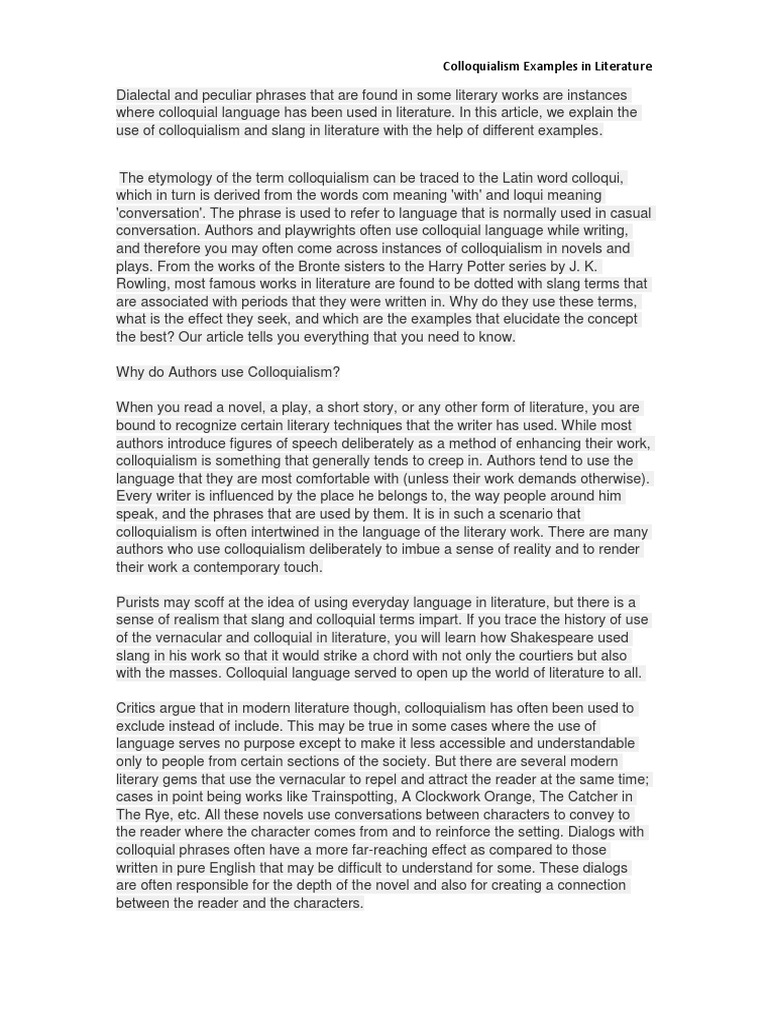 Colloquialism Examples in Literature Slang Novels