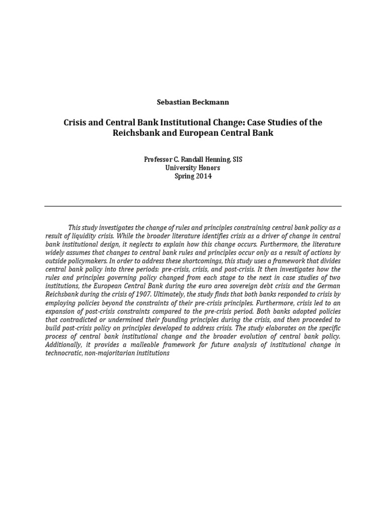 Crisis and Central Bank Institutional Change: Case Studies of The ...