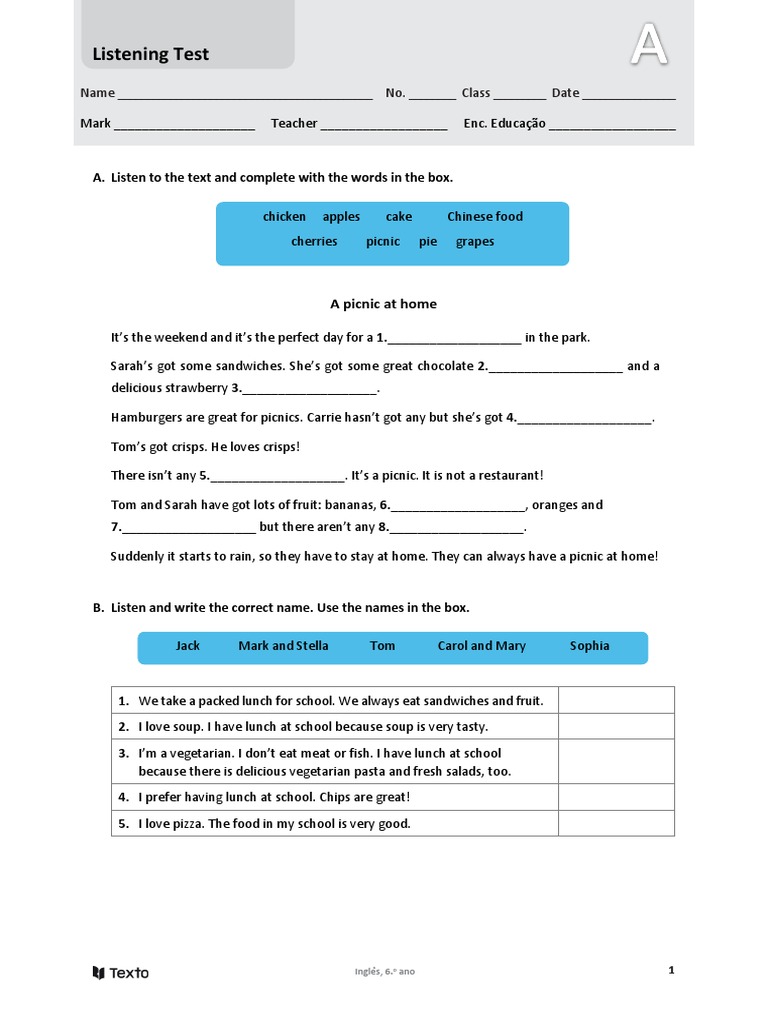 6th Grade English Progress Test | PDF | Lunch | Grammar