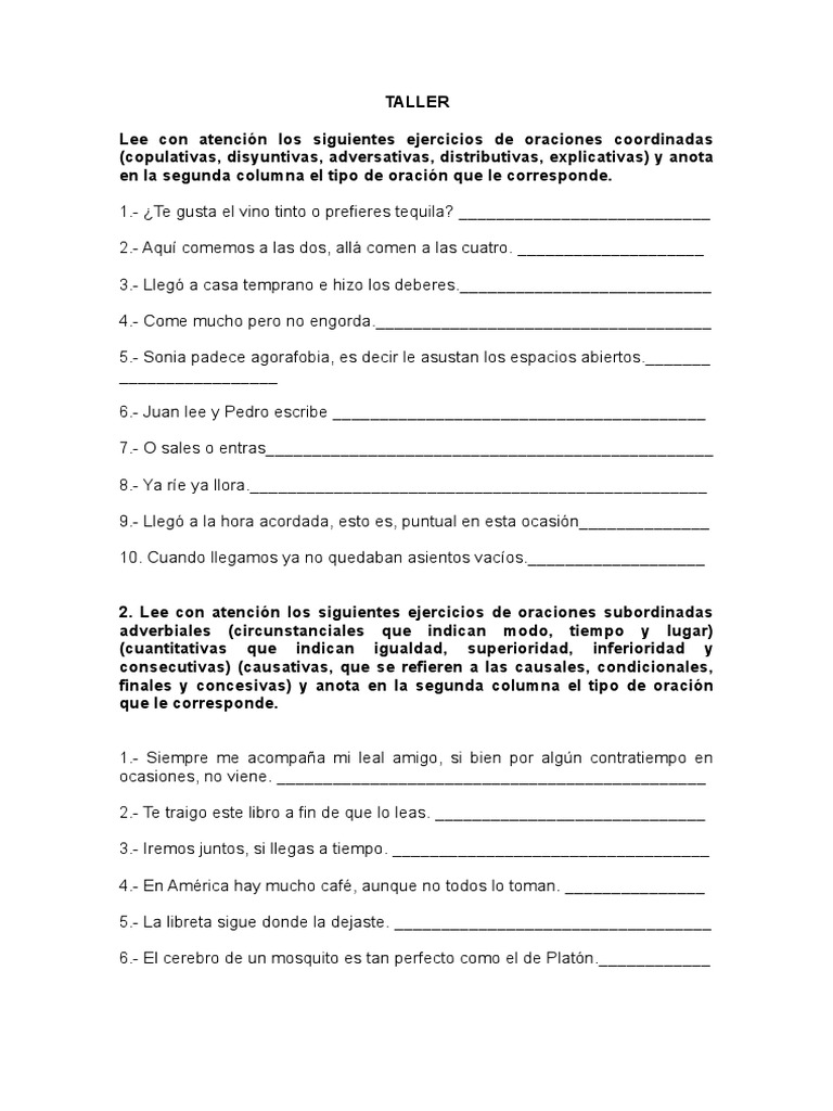 Ejercicios Oraciones Coordinadas y Subordinada | PDF