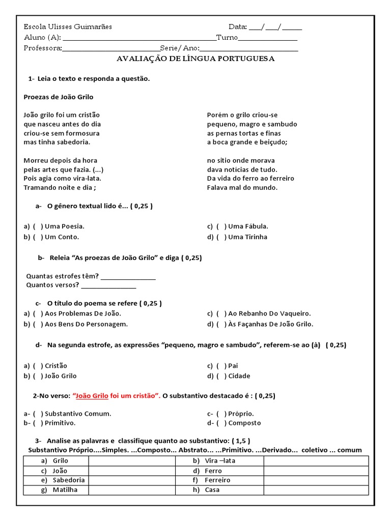 Avaliação de Língua Portuguesa | PDF | Idiomas