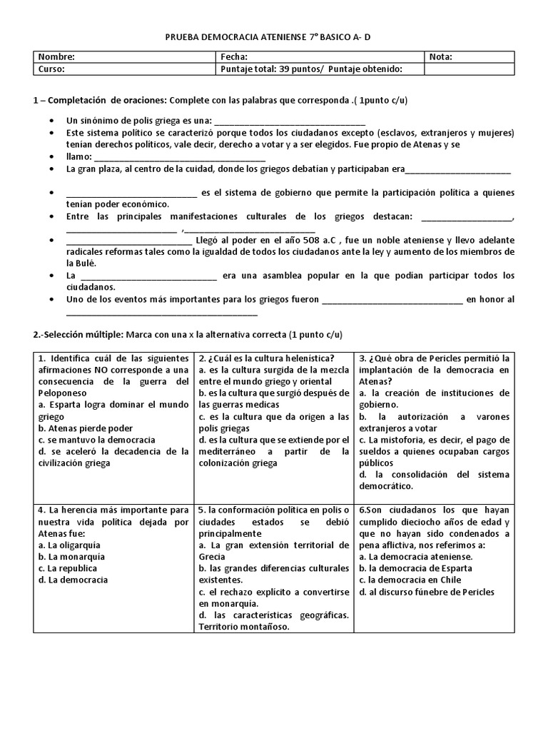 Prueba Democracia Ateniense 7 | PDF | Antigua Grecia | Esparta