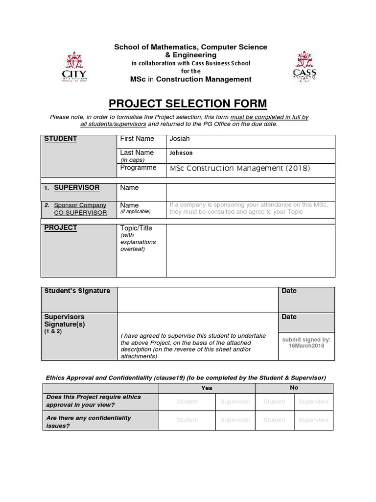 Project Selection Form: School of Mathematics, Computer Science ...