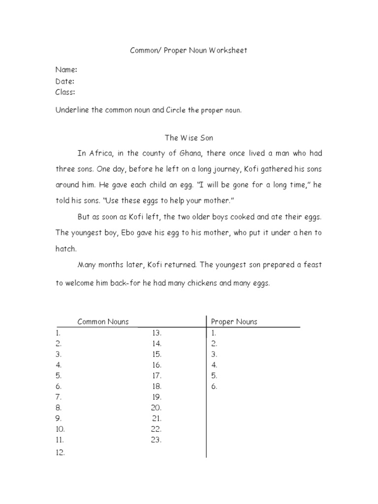 Common Proper Noun Worksheet Underlining Intermediate PDF