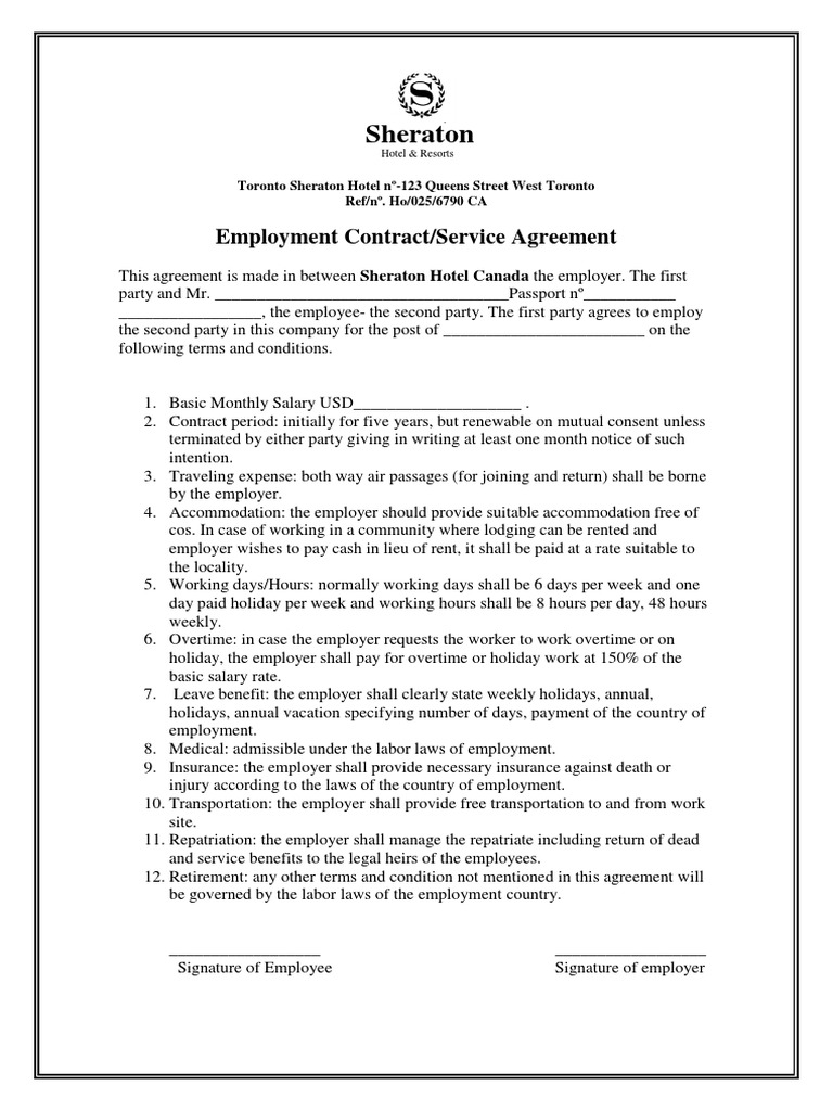 Sheraton: Employment Contract/Service Agreement | PDF | Overtime 