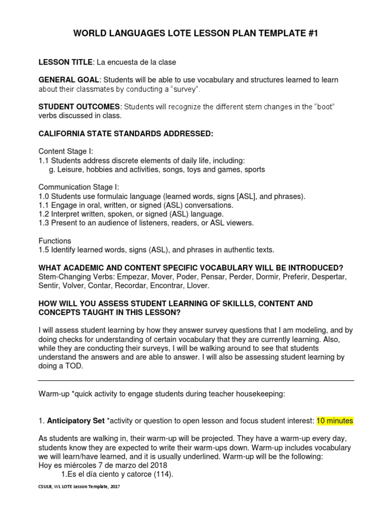 World Languages Lote Lesson Plan Template 1 PDF American Sign