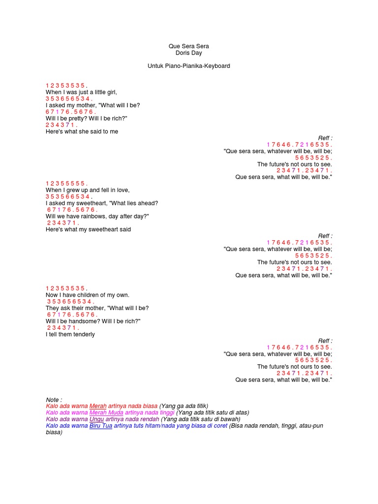 Lirik dan Not Lagu Que Sera Sera | PDF