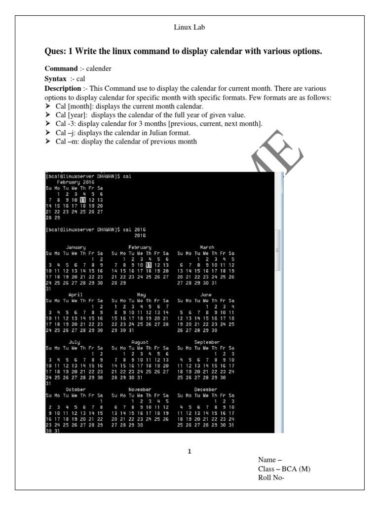 Ques 1 Write The Linux Command To Display Calendar With Various