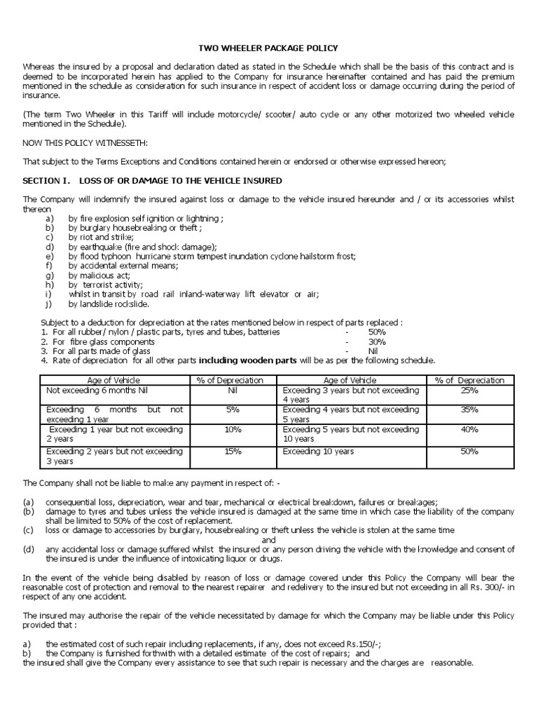 Motor Policy Terms Conditions TWOWHEELER PACKAGE POLICY PDF | PDF ...