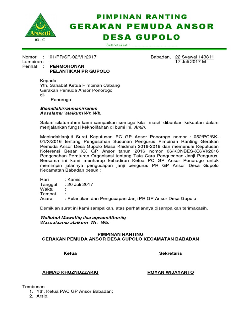 1 Surat Mohon Pelantikan