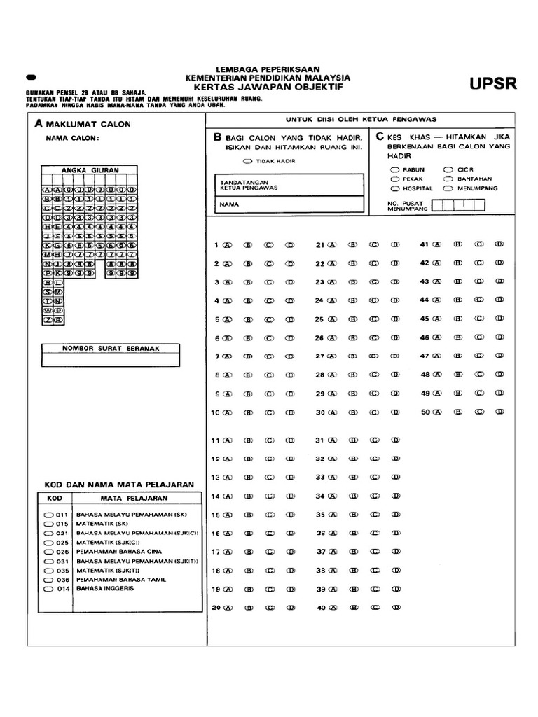 kertas jawapan objektif