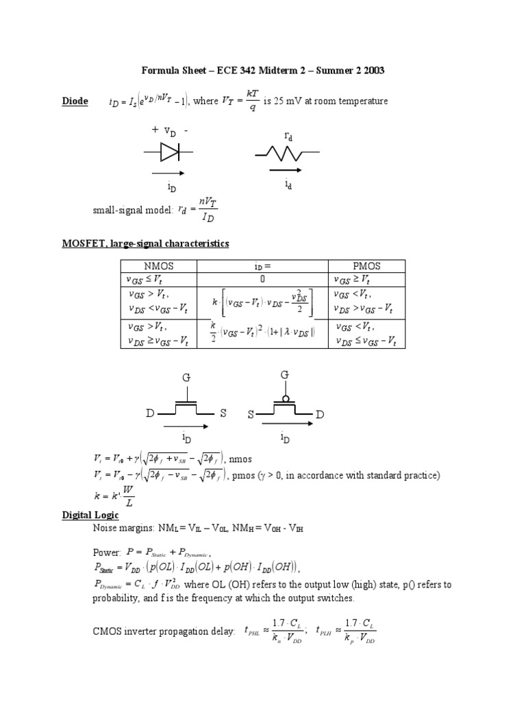 Formula Sheet ECE 342 Midterm 2 Summer 2 2003 Diode Q KT V PDF Bipolar Junction