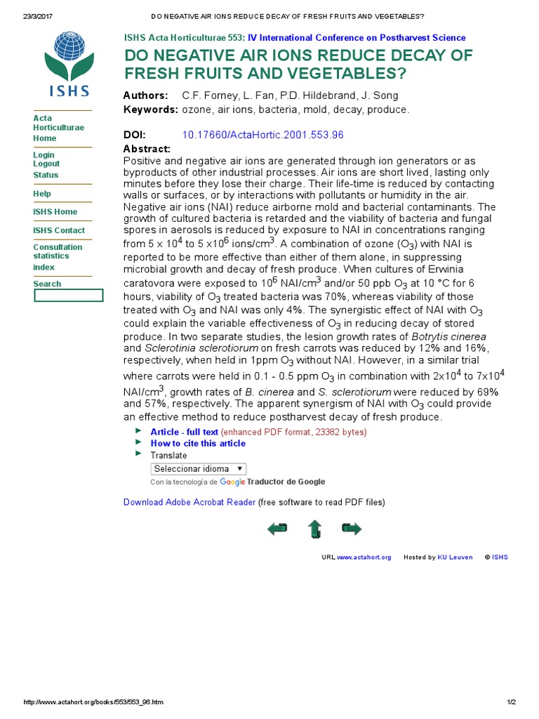 Do Negative Air Ions Reduce Decay of Fresh Fruits and Vegetables PDF