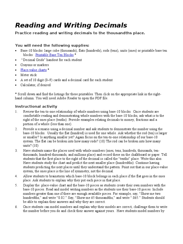 Reading and Writing Decimals PDF Decimal Numbers