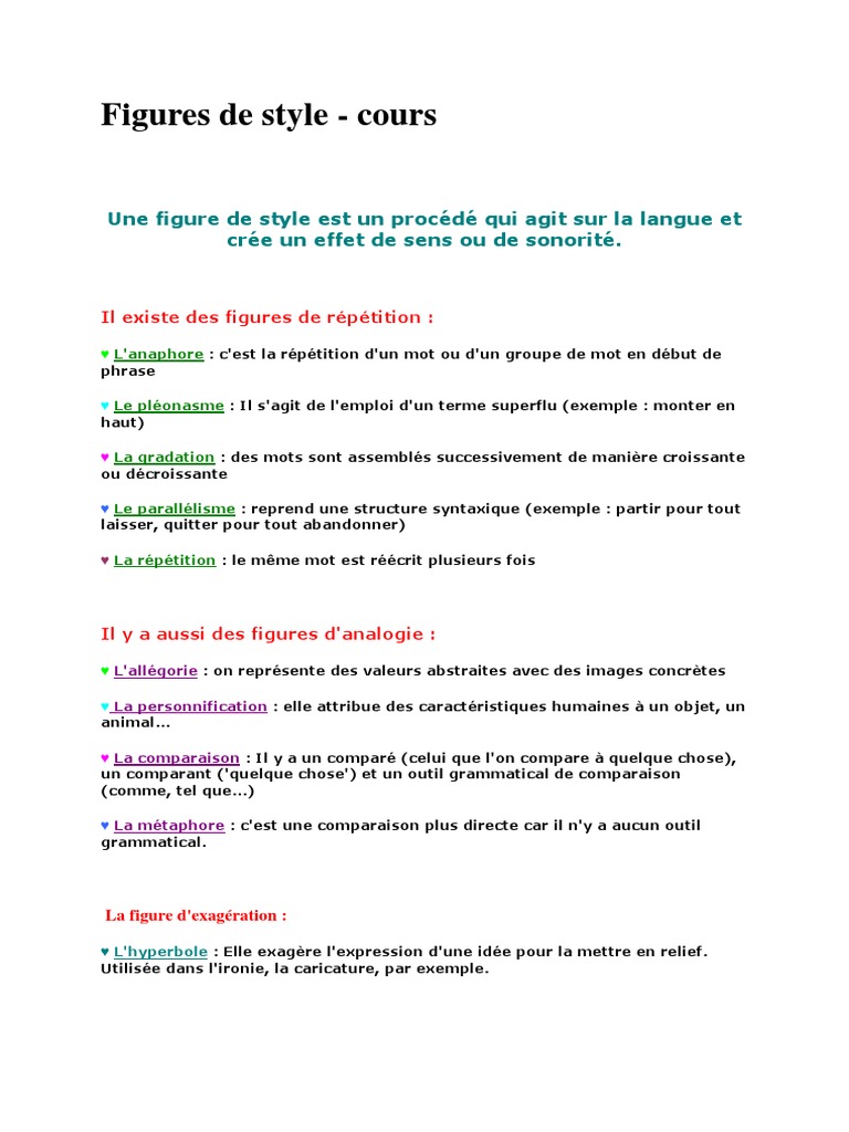 Les Figures De Style Exercices Corrigés 5ème Figures de Style | PDF | Mécanismes de la poésie | Rhétorique