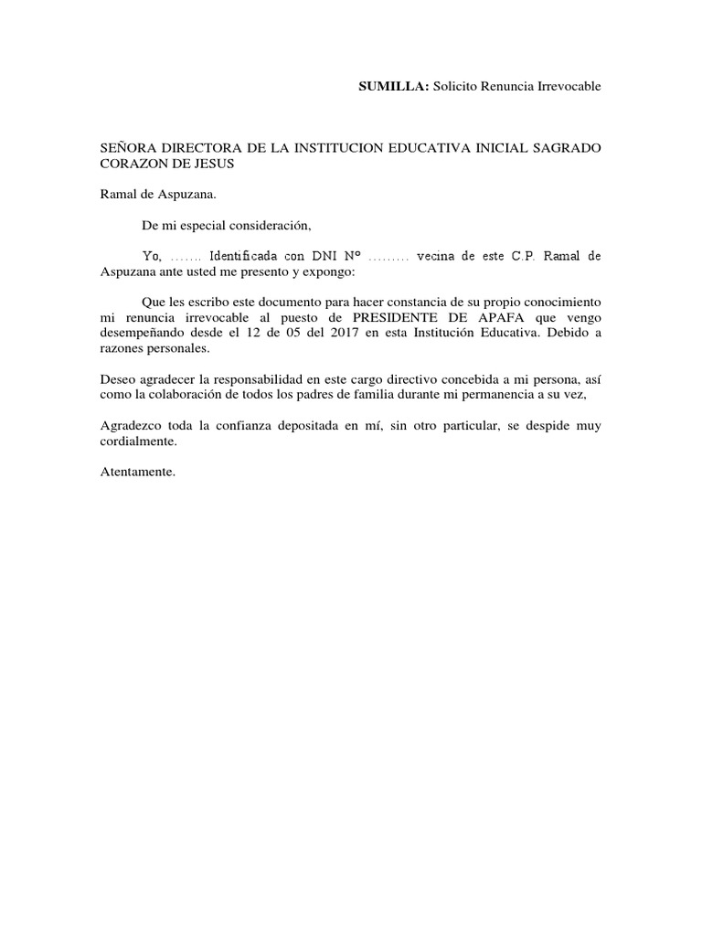 Carta de Renuncia A Un Cargo Directivo PDF