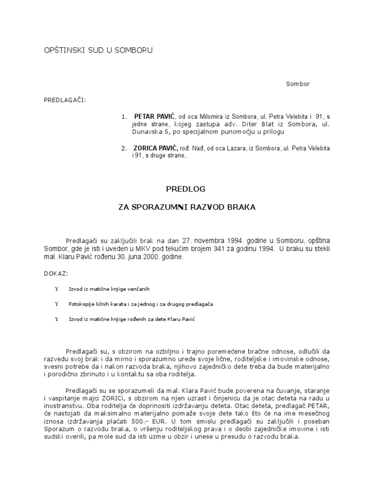 Predlog Za Sporazumni Razvod Braka PDF