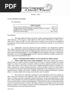 Jehovah's WItnesss JW.org Body of Elder Child Sex Abuse  Boe 2012 Letter