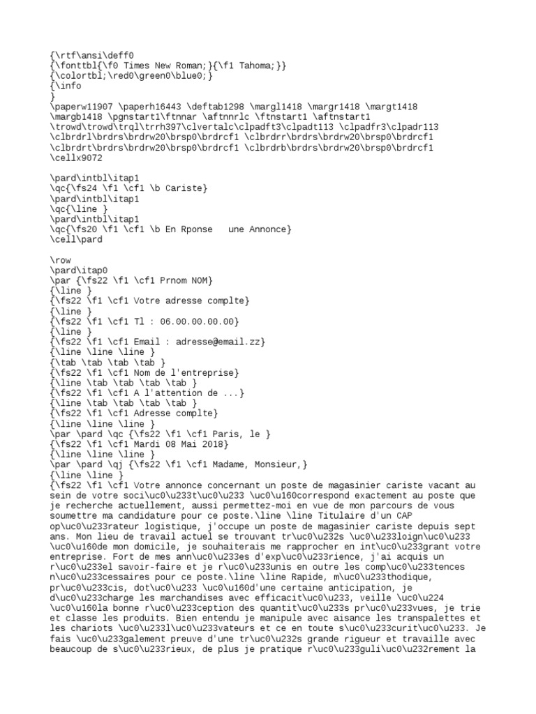 Lettre De Motivation Logistique Cariste