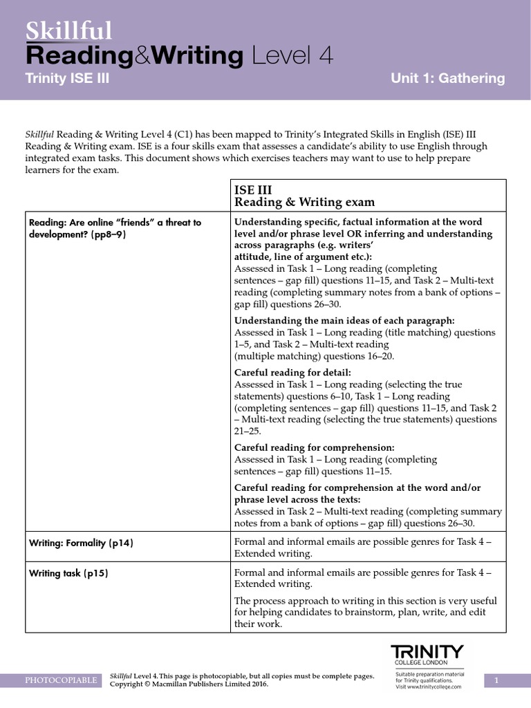 Skillful Reading and Writing 4 Trinity ISE III PDF Reading