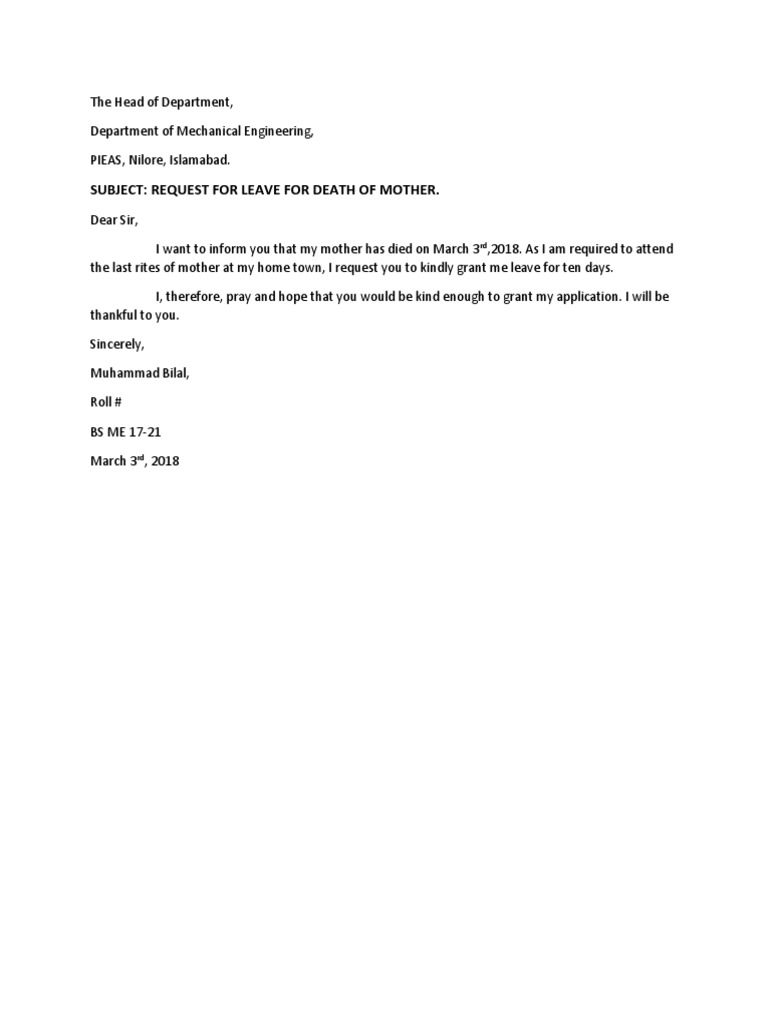 Leave Request for Mother's Death | PDF