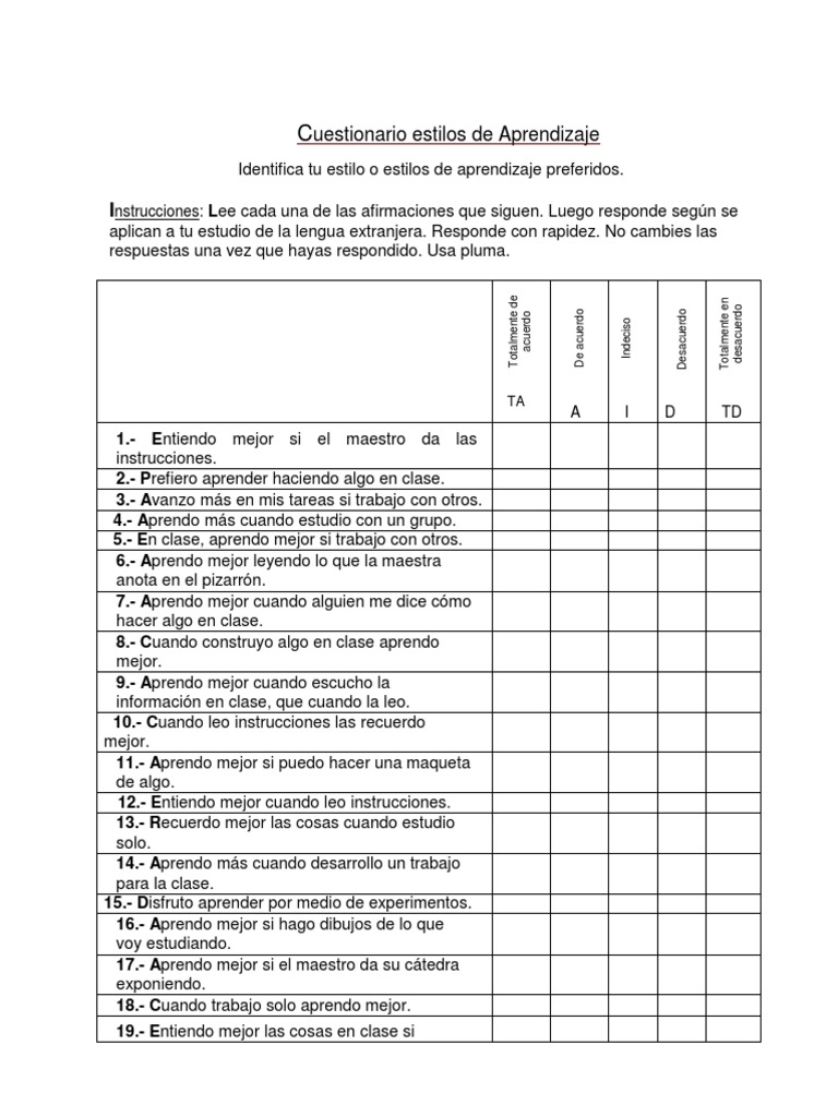 Cuestionario Estilo de Aprendizaje PDF Aprendizaje Ocio