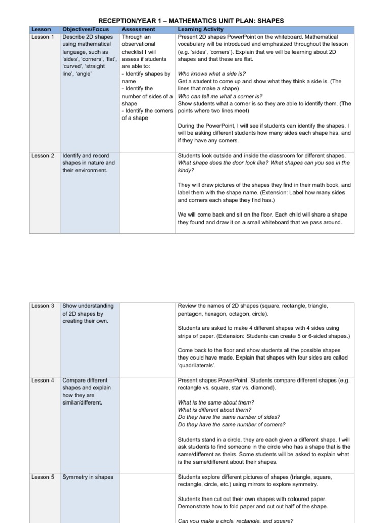 Maths Unit Plan - Shapes | PDF | Shape | Rectangle