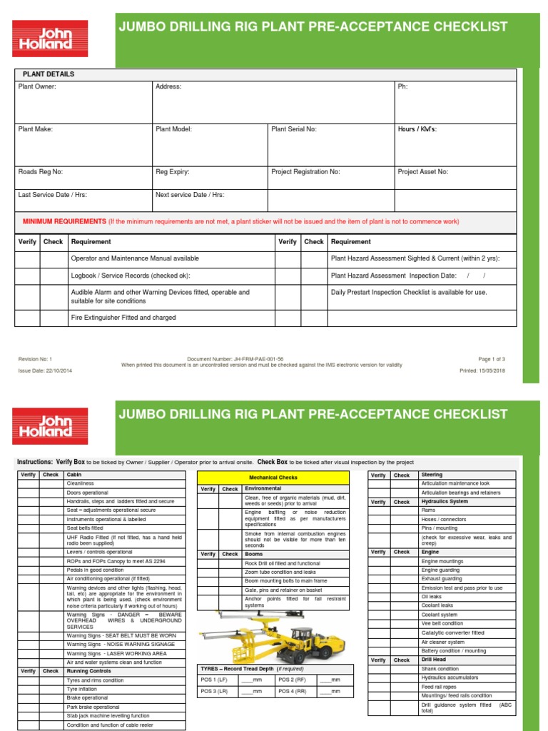 Jumbo Drill Rig Pre-Acceptance Checklist | PDF | Electrical Connector ...