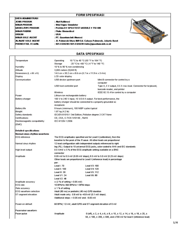 Spesifikasi Prosim 8 + SPO2 TEST MODULE + YSI 400 | PDF | Tekanan Darah ...