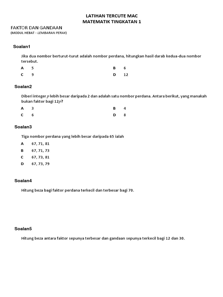 Latihan Matematik Tingkatan 1 2018 dairysy