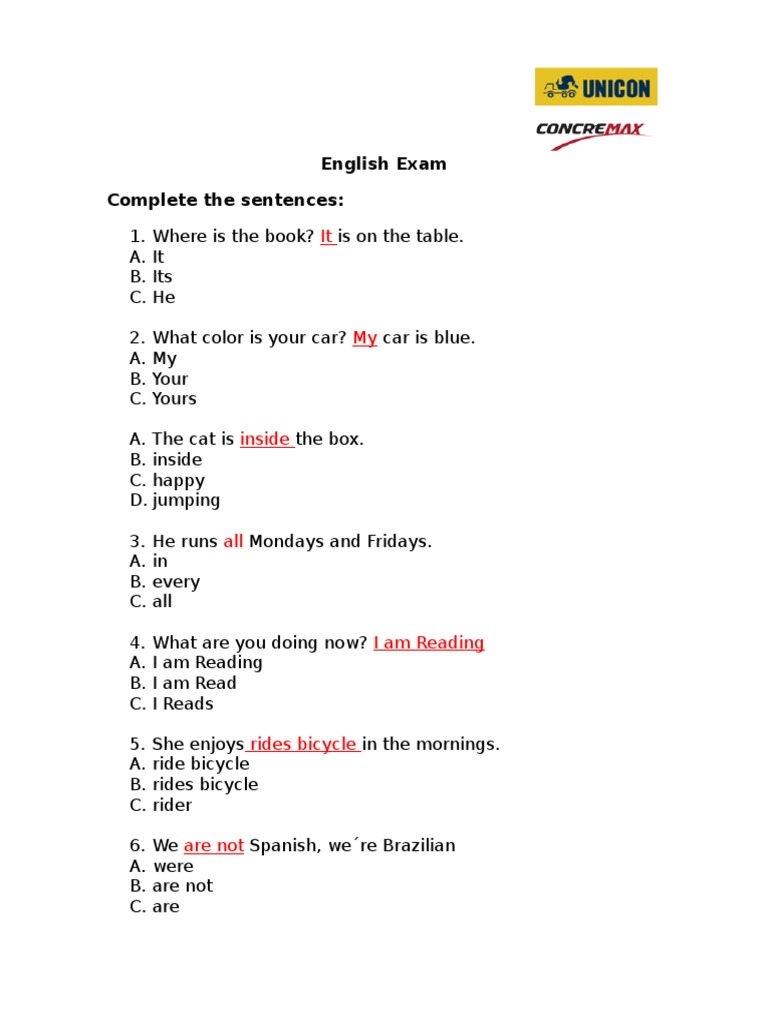 English Exam Complete The Sentences | PDF | Language Arts & Discipline