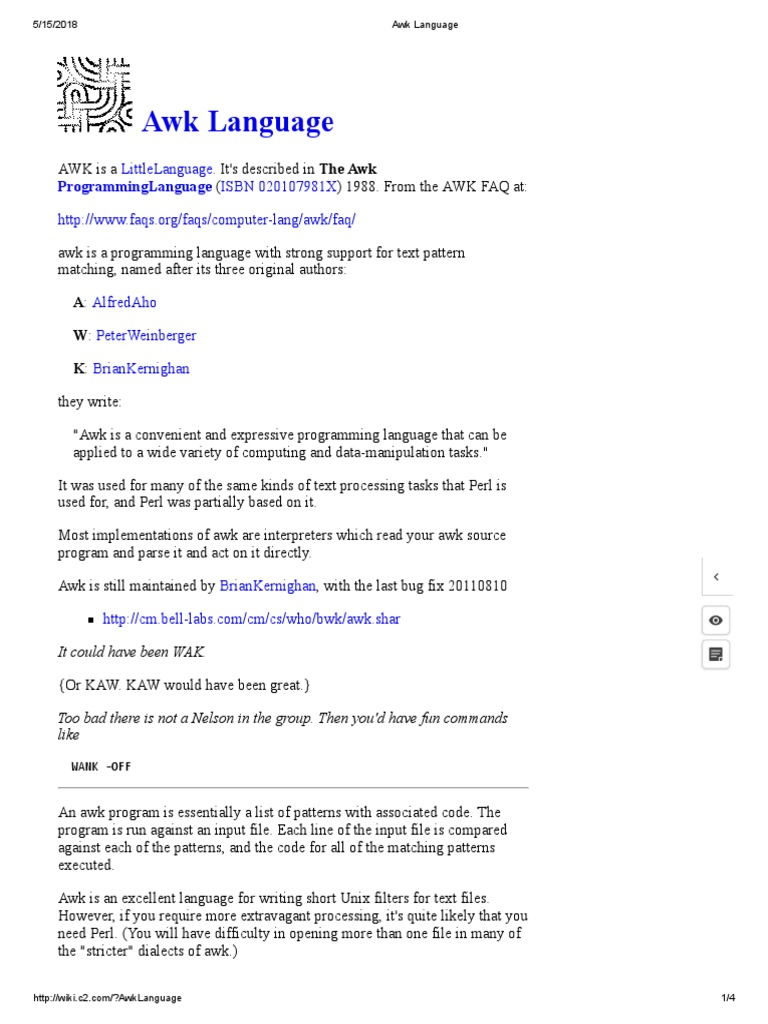 Awk Language: Littlelanguage Programminglanguage Isbn 020107981X | PDF ...