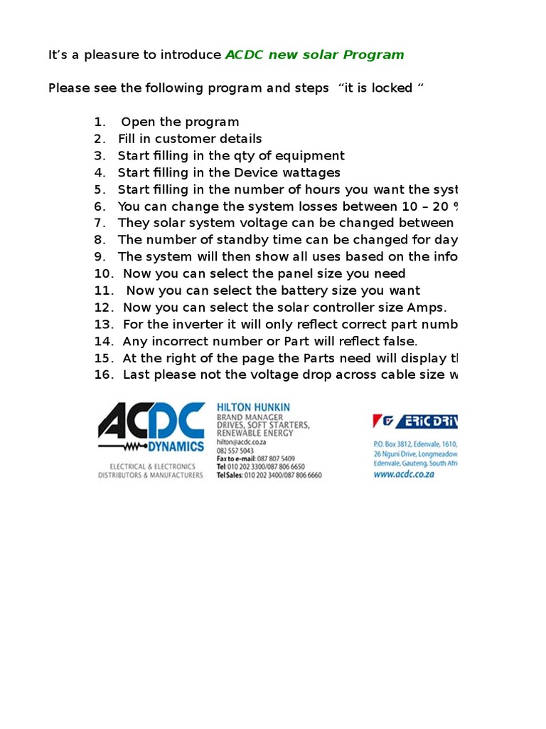 ACDC Solar Program Setup Guide | PDF | Power Inverter | Electric Power