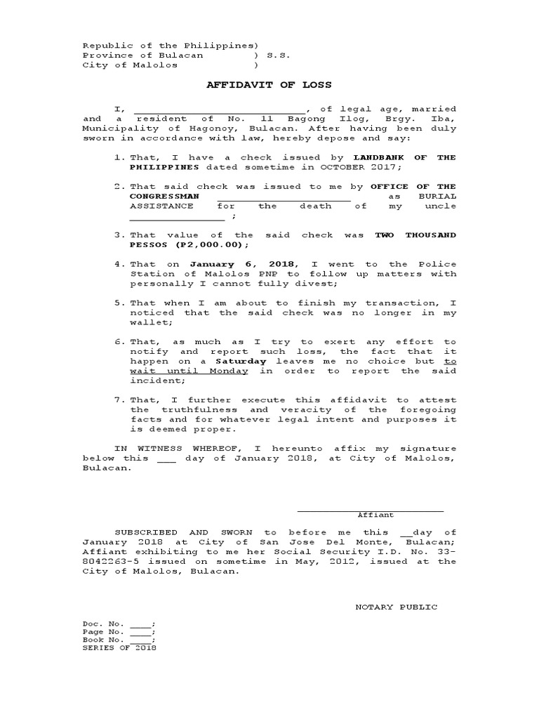Affidavit of Loss: Lost Check for Burial Assistance Payment | PDF ...