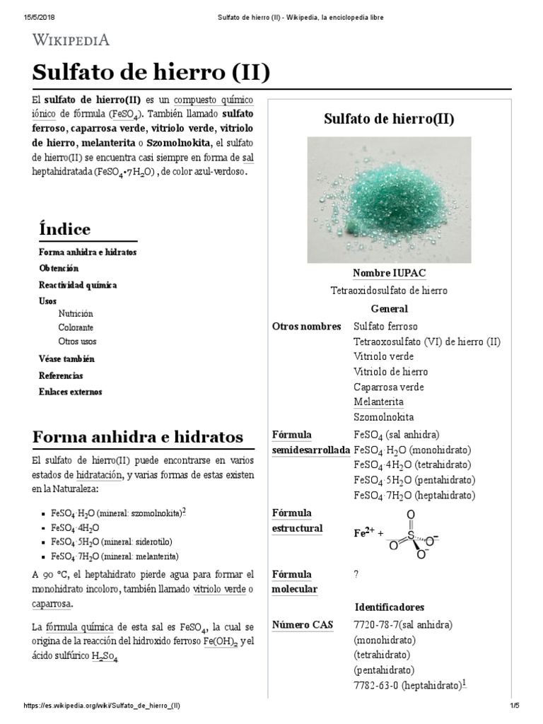 Sulfato de Hierro (II) Wikipedia, La Enciclopedia Libre Metales de transición Química