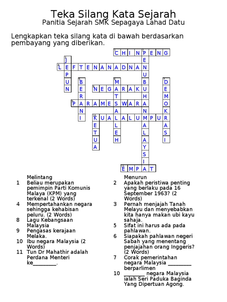 Kuiz Teka Silang Kata Sejarah Pdf Pdf