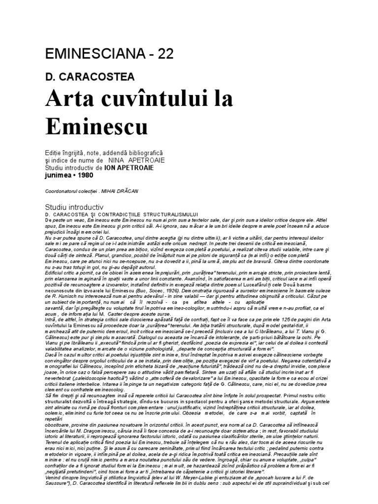 Dumitru Caracostea Arta Cuvantului La Eminescu