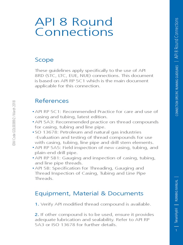 API 8 Round Connection Guidelines | PDF | Drilling Rig | Pipe (Fluid ...