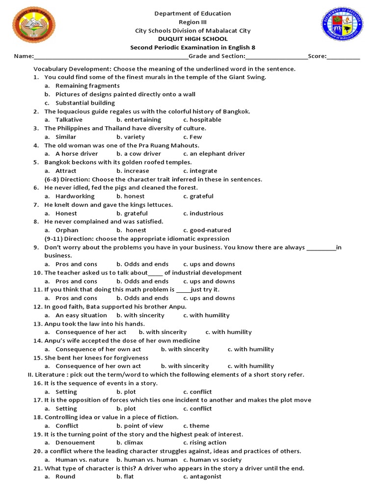 GRADE 8 2nd Periodical Test PDF Plot (Narrative)