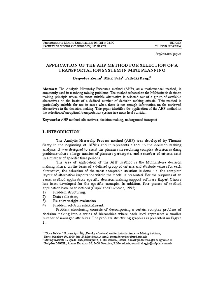Application of The Ahp Method For Selection of A Transportation System ...