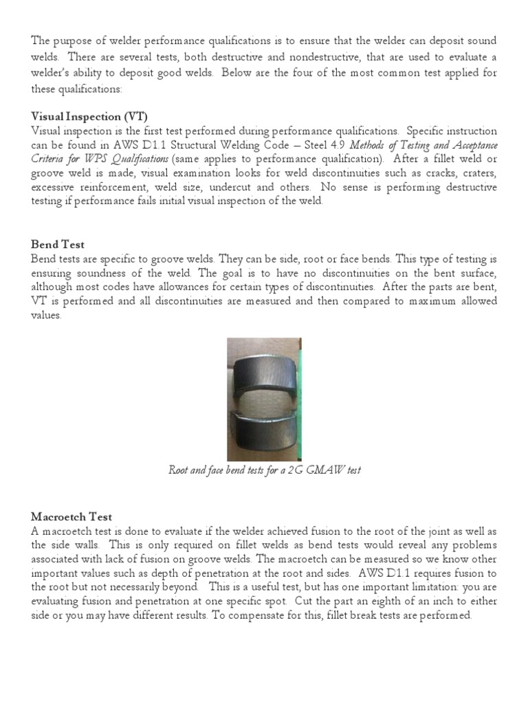 Common Tests for Welder Performance Qualification Nondestructive