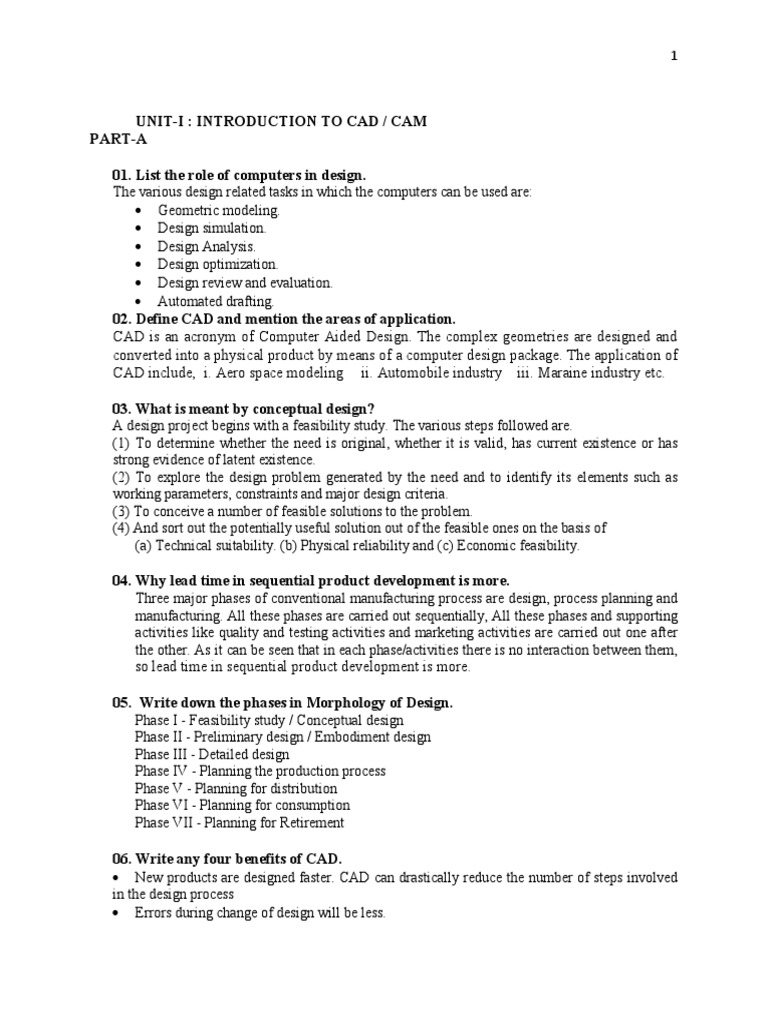 Unit I CAD CAM PDF Computer Aided Design Feasibility Study