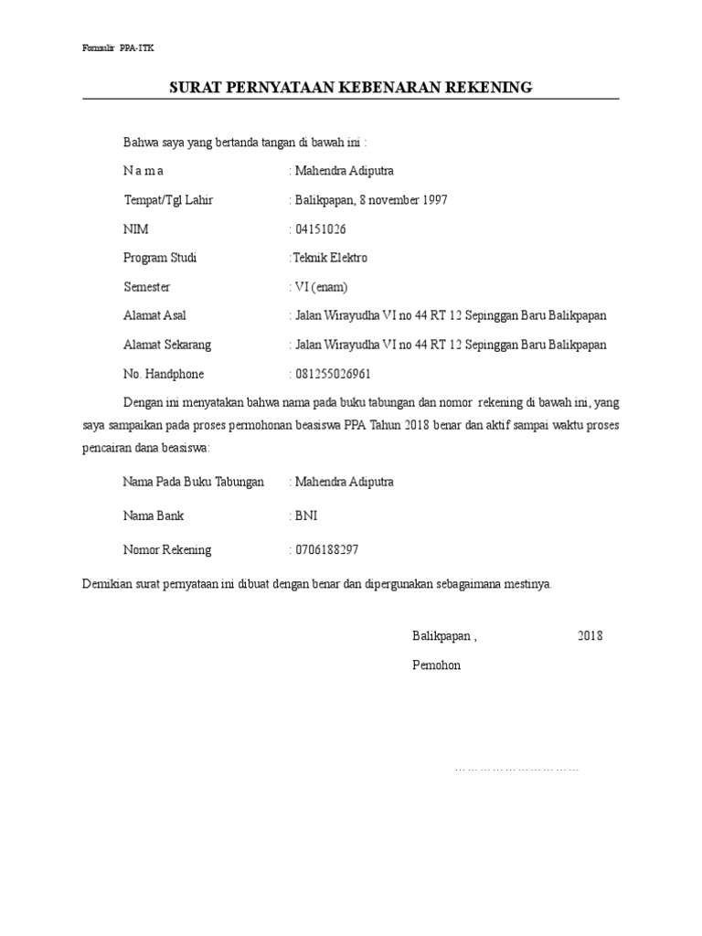 Surat Pernyataan Kebenaran Rekening