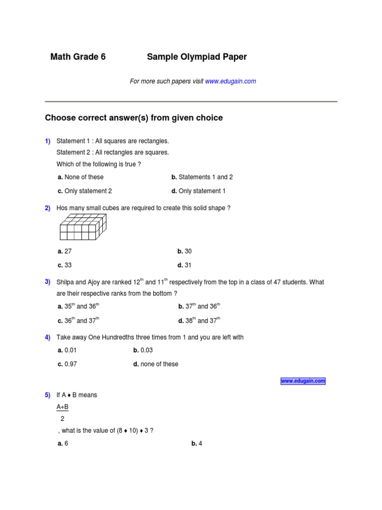 math olympiad class 6 sample paper