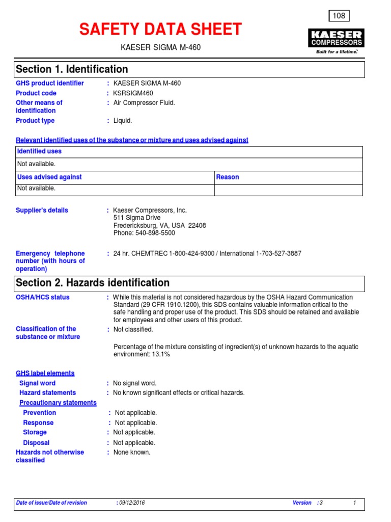 MSDS108Sigma M460 Air Compressor Fluid PDF PDF Toxicity Safety