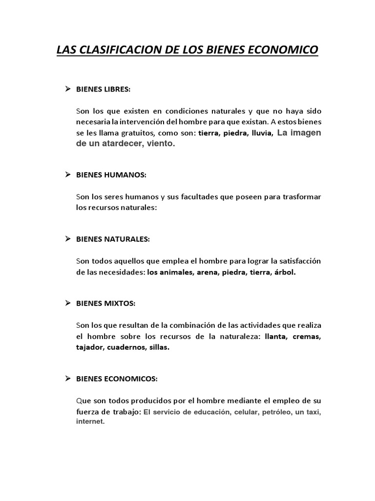 Las Clasificacion de Los Bienes Economico PDF Bienes Naturaleza
